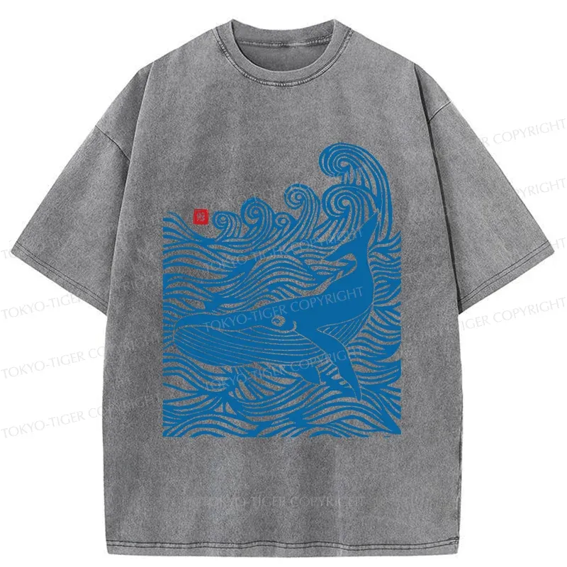 Tokyo-Tiger Woodcut Whale Washed T-Shirt