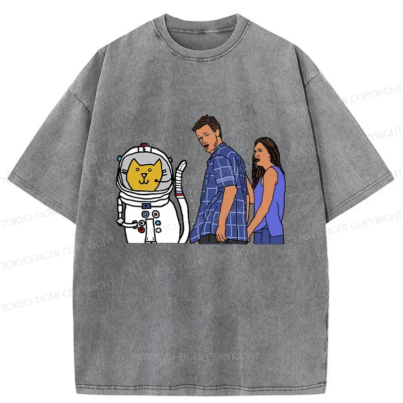 Tokyo-Tiger Funny Astronaut Cat Washed T-Shirt