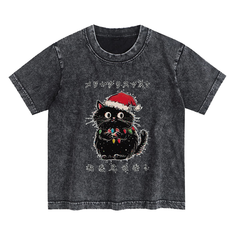Tokyo-Tiger Black Cat Merry Fluffmas Kids Washed T-Shirt Sale