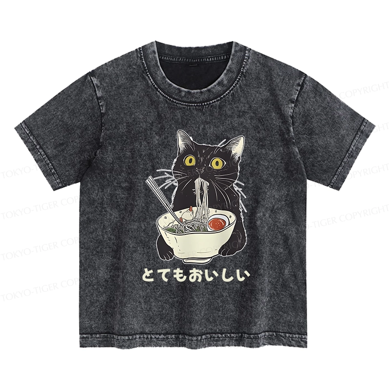 Tokyo-Tiger Cats Eat Ramen Noodles Kids Washed T-Shirt