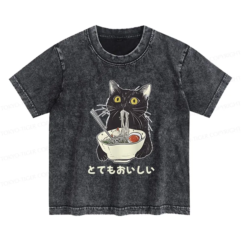 Tokyo-Tiger Cats Eat Ramen Noodles Kids Washed T-Shirt Sale