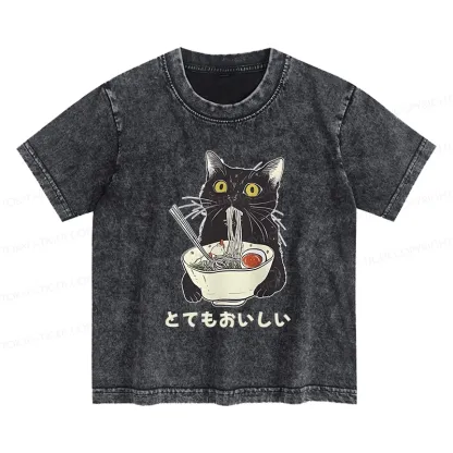 Tokyo-Tiger Cats Eat Ramen Noodles Kids Washed T-Shirt