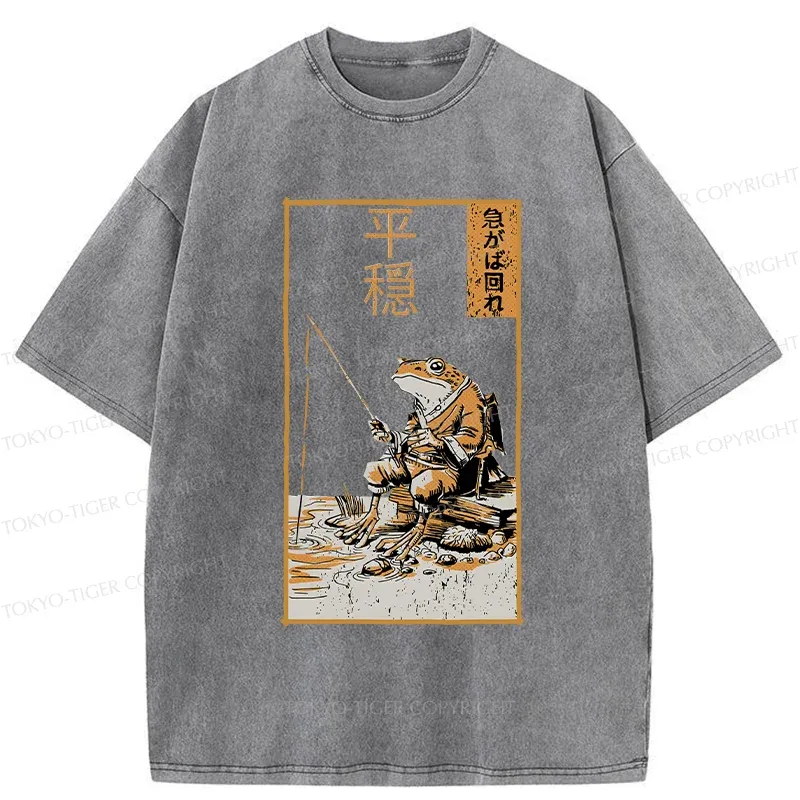 Tokyo-Tiger Frog Fishing Funny Washed T-Shirt