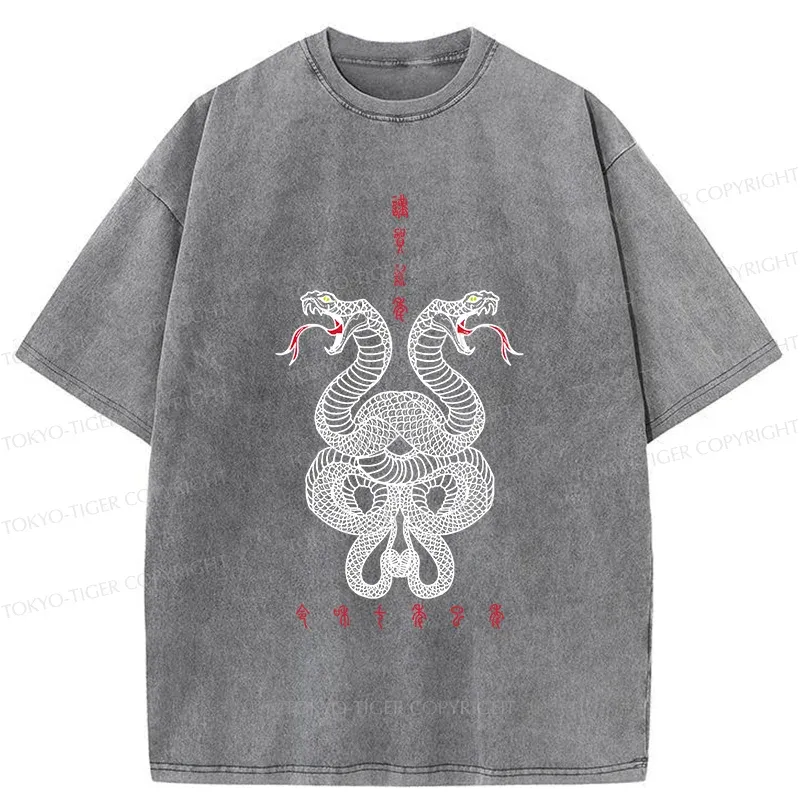 Tokyo-Tiger Double Snakes Encircling Washed T-Shirt