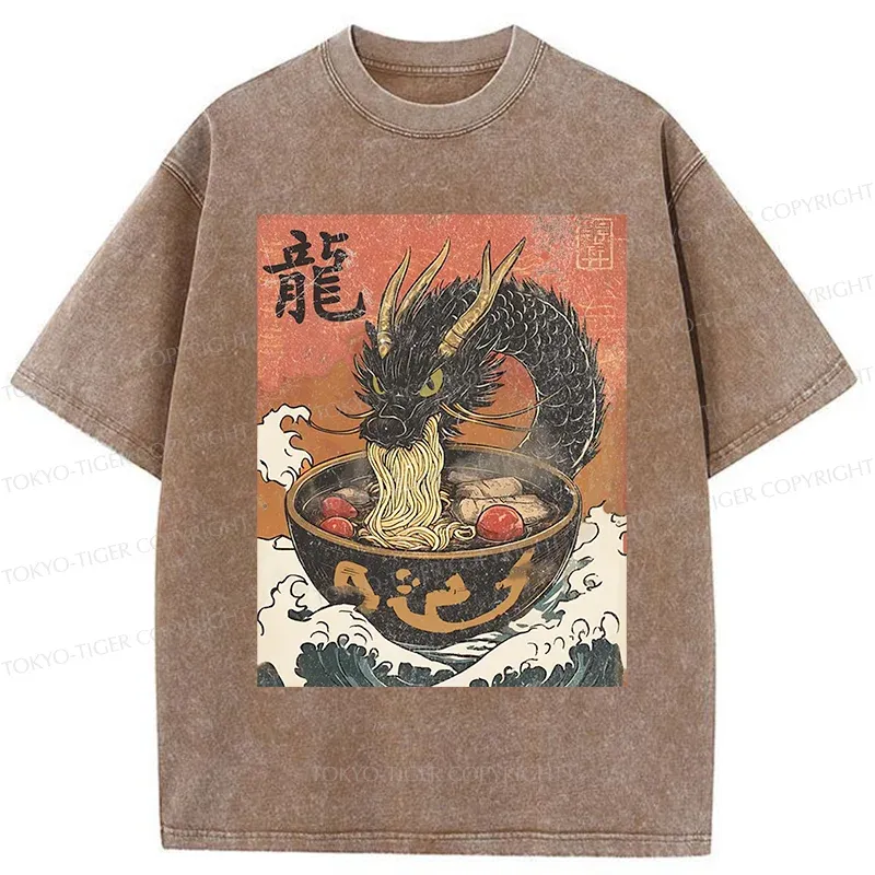Tokyo-Tiger Dragon Eating Delicious Ramen Washed T-Shirt