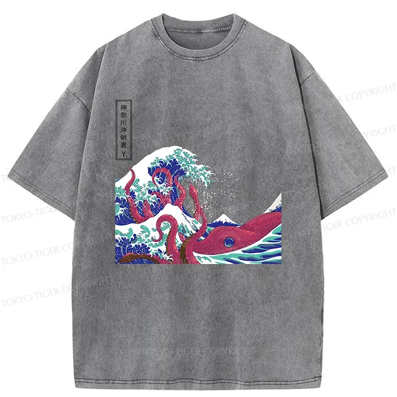 Tokyo-Tiger Octopus And Waves Washed T-Shirt