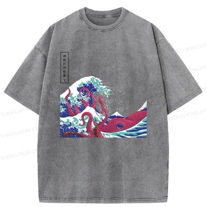 Tokyo-Tiger Octopus And Waves Washed T-Shirt