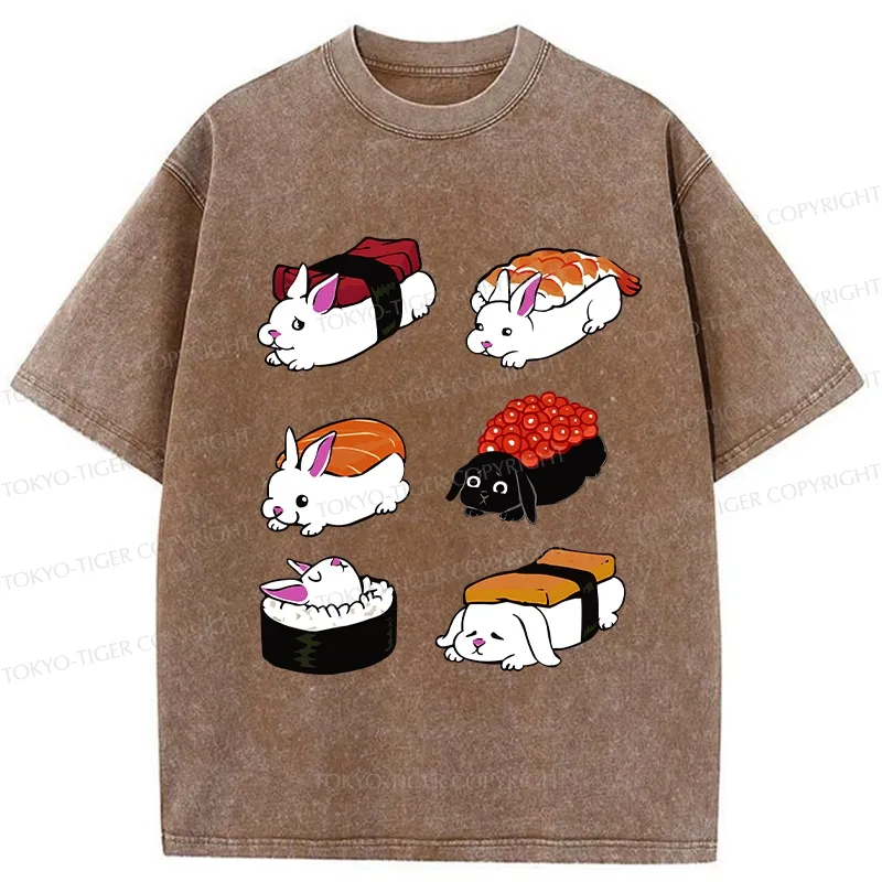 Tokyo-Tiger Cute Rabbit Sushi Washed T-Shirt
