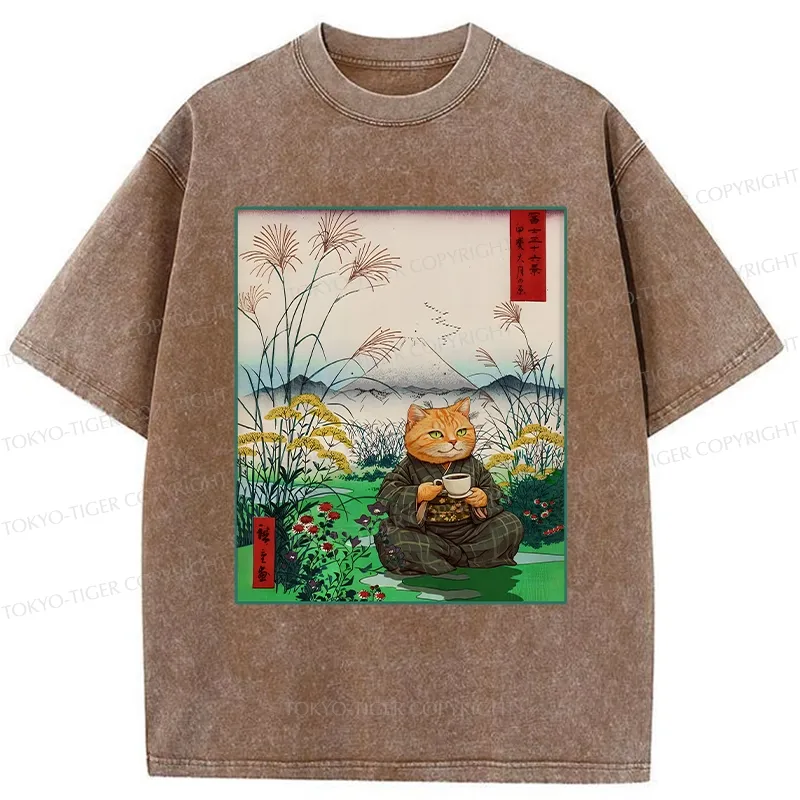 Tokyo-Tiger Cozy Cat Drinking Coffee Washed T-Shirt