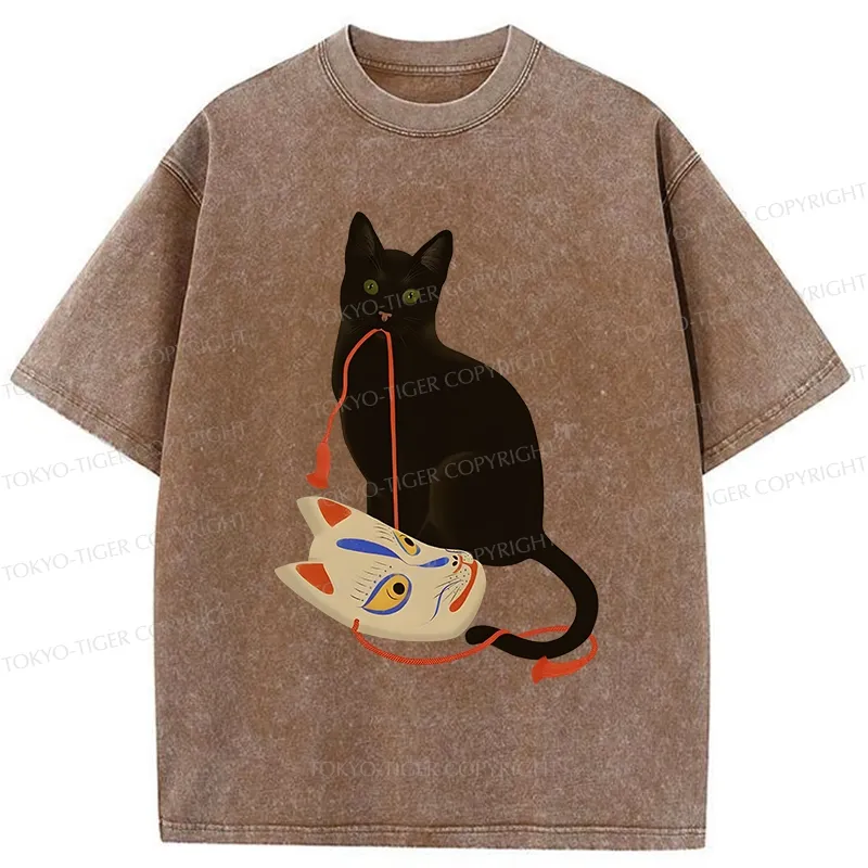 Tokyo-Tiger Cat Holding A Fox Mask Washed T-Shirt