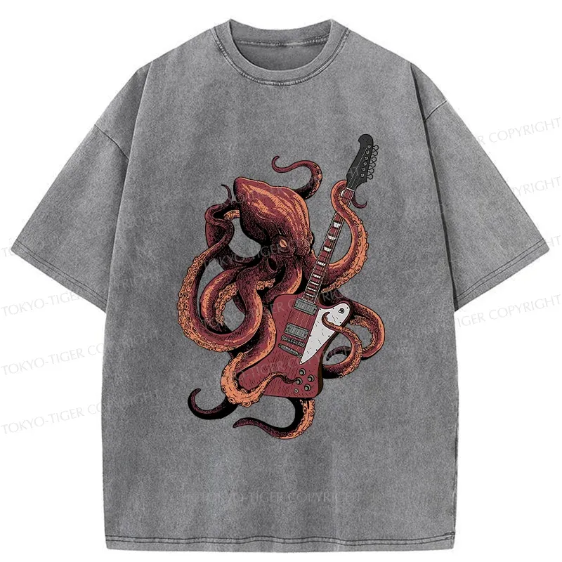 Tokyo-Tiger Octopus Playing Guitar Washed T-Shirt