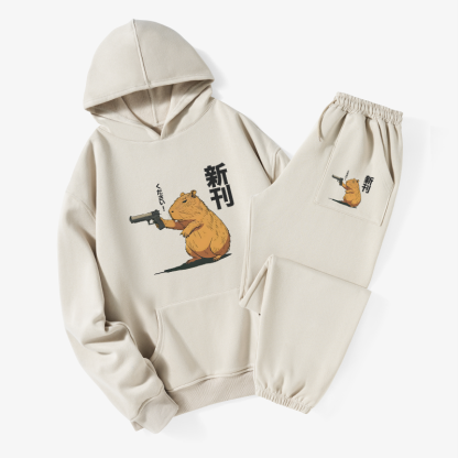 Tokyo-Tiger Capybara Holding A Gun Fleece Lined Hoodie Set