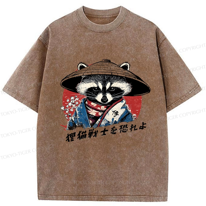 Tokyo-Tiger Japanese Raccoon Samurai Washed T-Shirt