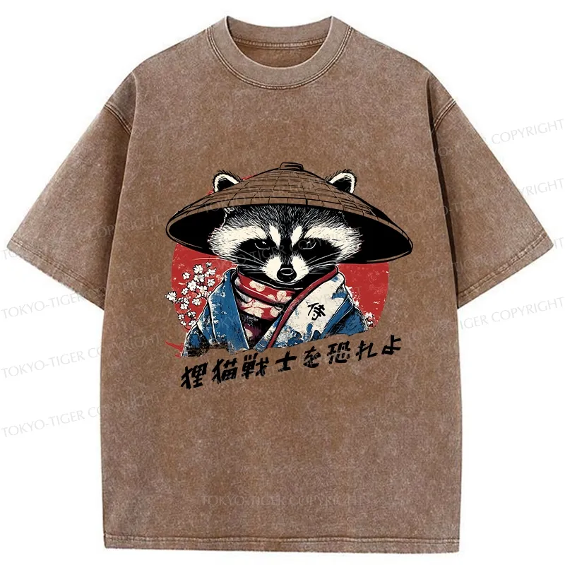 Tokyo-Tiger Japanese Raccoon Samurai Washed T-Shirt