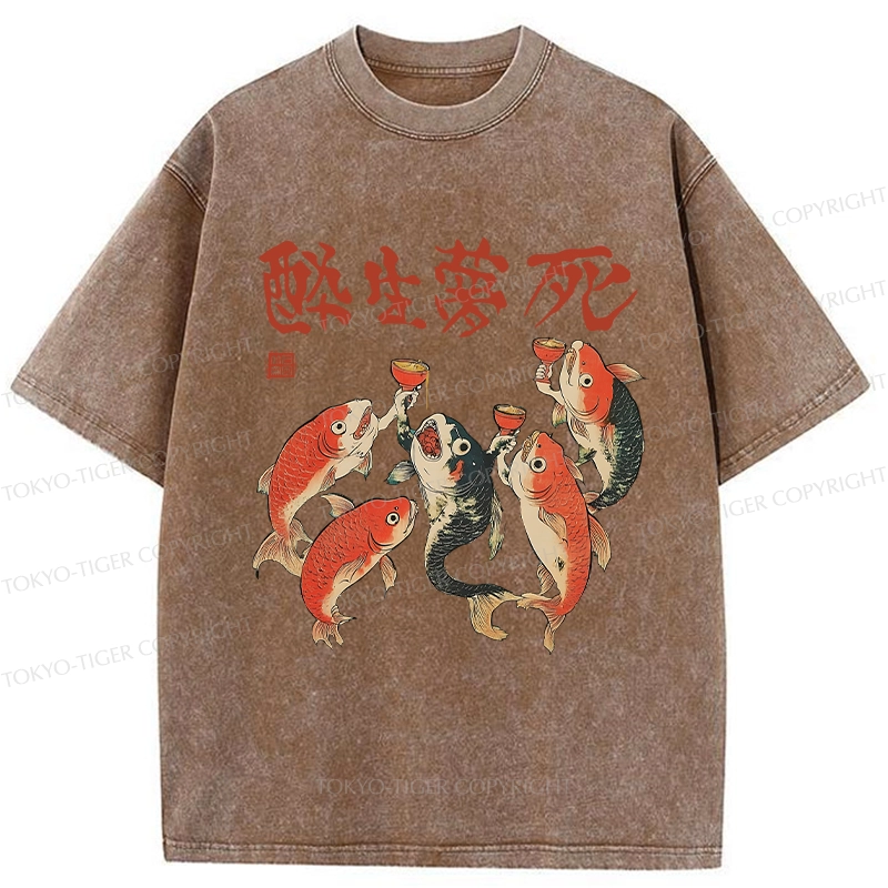 Tokyo-Tiger Funny Fish Drink Together Washed T-Shirt