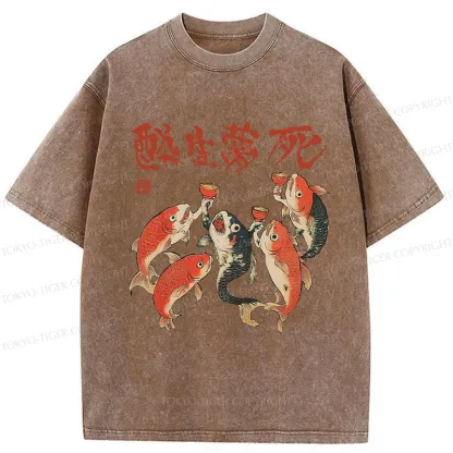 Tokyo-Tiger Funny Fish Drink Together Washed T-Shirt
