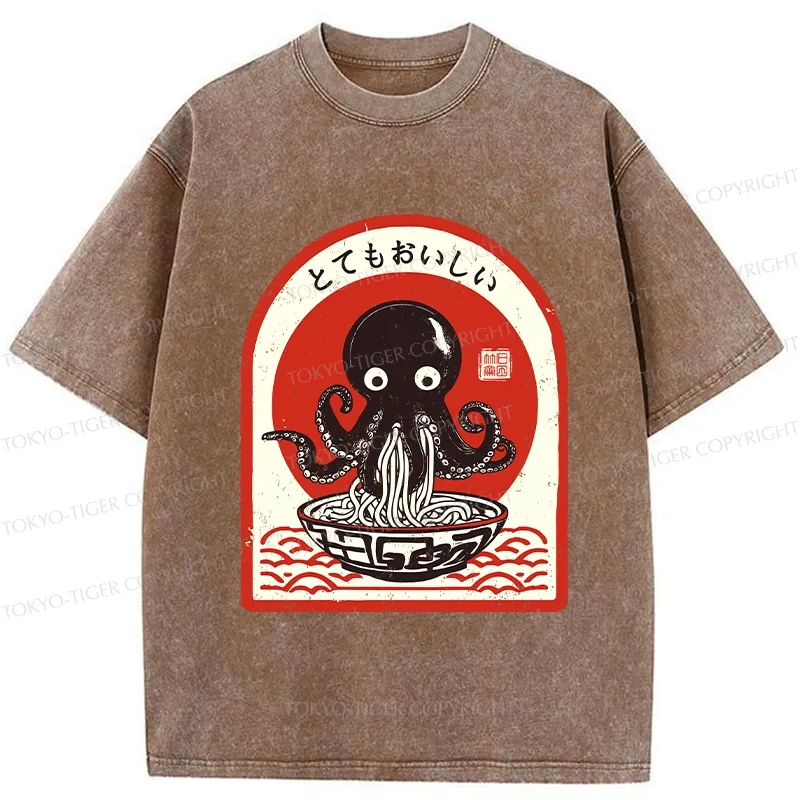 Tokyo-Tiger Ramen Lover Octopus Washed T-Shirt