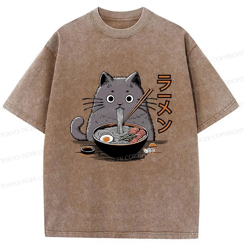 Tokyo-Tiger Kawaii Cat Ramen Washed T-Shirt