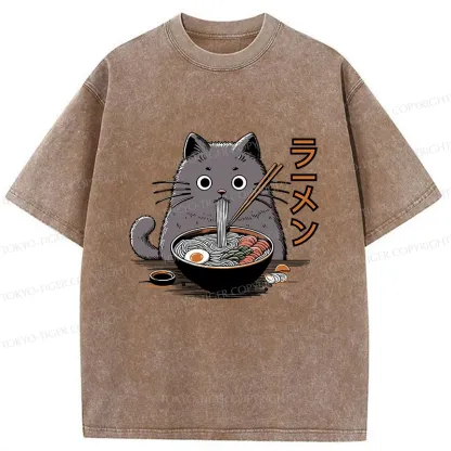 Tokyo-Tiger Kawaii Cat Ramen Washed T-Shirt