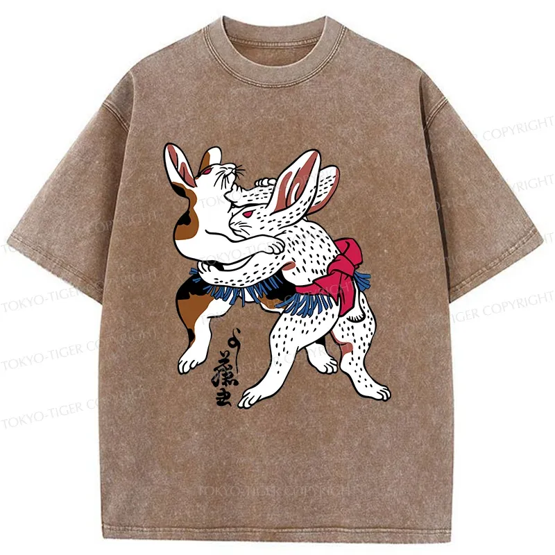 Tokyo-Tiger Rabbits Wrestling Sumo Washed T-Shirt
