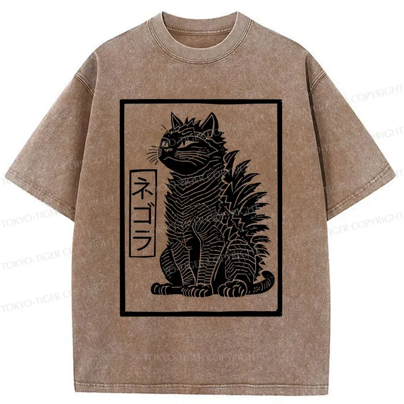 Tokyo-Tiger Fierce Catzilla Funny Washed T-Shirt