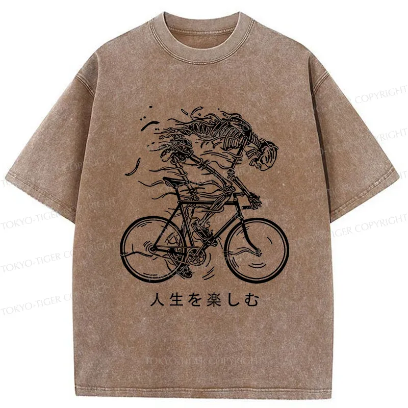 Tokyo-Tiger Skeleton Riding A Bicycle Washed T-Shirt