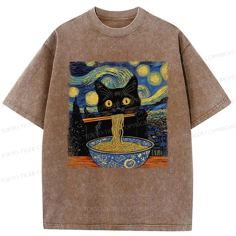 Tokyo-Tiger Cat Ramen Lover Washed T-Shirt