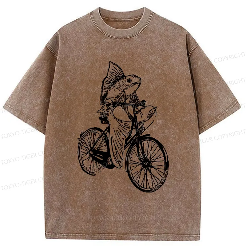 Tokyo-Tiger Funny Fish Riding A Bicycle Washed T-Shirt