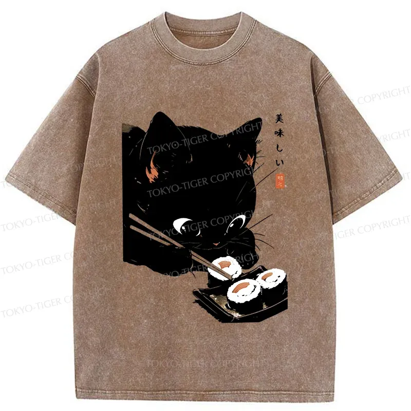 Tokyo-Tiger Cat Eating Rice Balls Washed T-Shirt