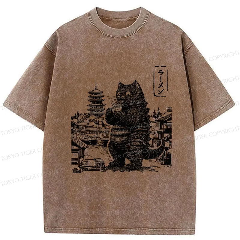 Tokyo-Tiger Ramen Lover Cat Monster Washed T-Shirt