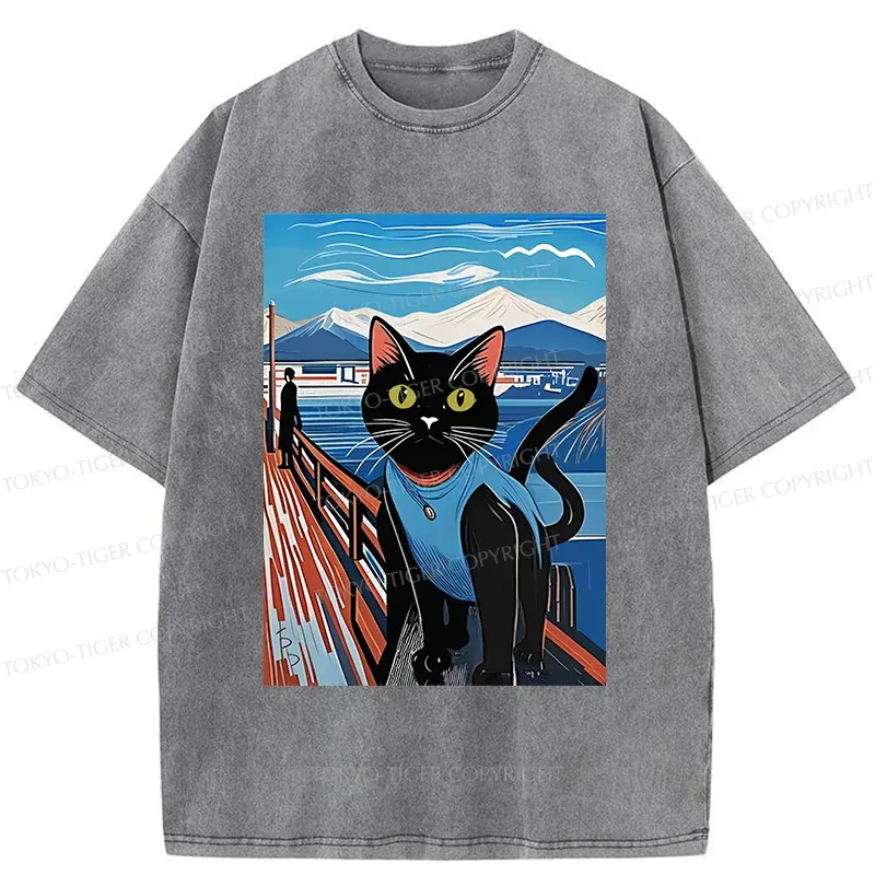 Tokyo-Tiger Cat On The Fence Washed T-Shirt