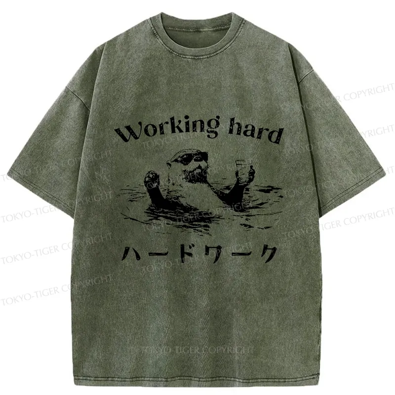 Tokyo-Tiger Funny Working Hard Otter Washed T-Shirt