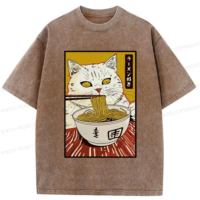 Tokyo-Tiger Cute Cat Ramen Lover Washed T-Shirt