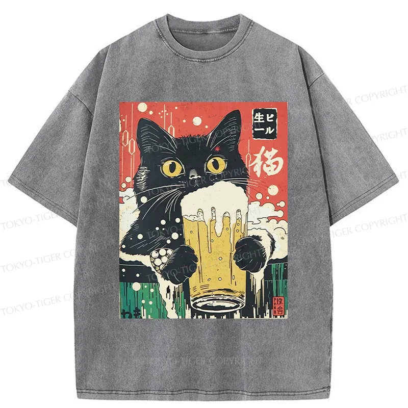 Tokyo-Tiger Cat Drinking Beer Funny Washed T-Shirt