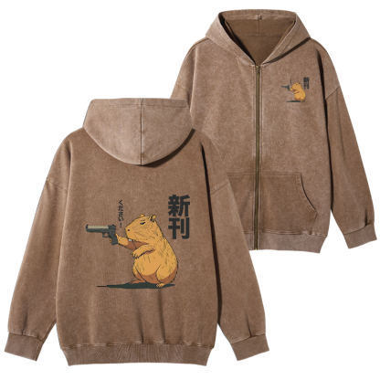 Tokyo-Tiger Capybara Holding A Gun Washed Zip Hoodie