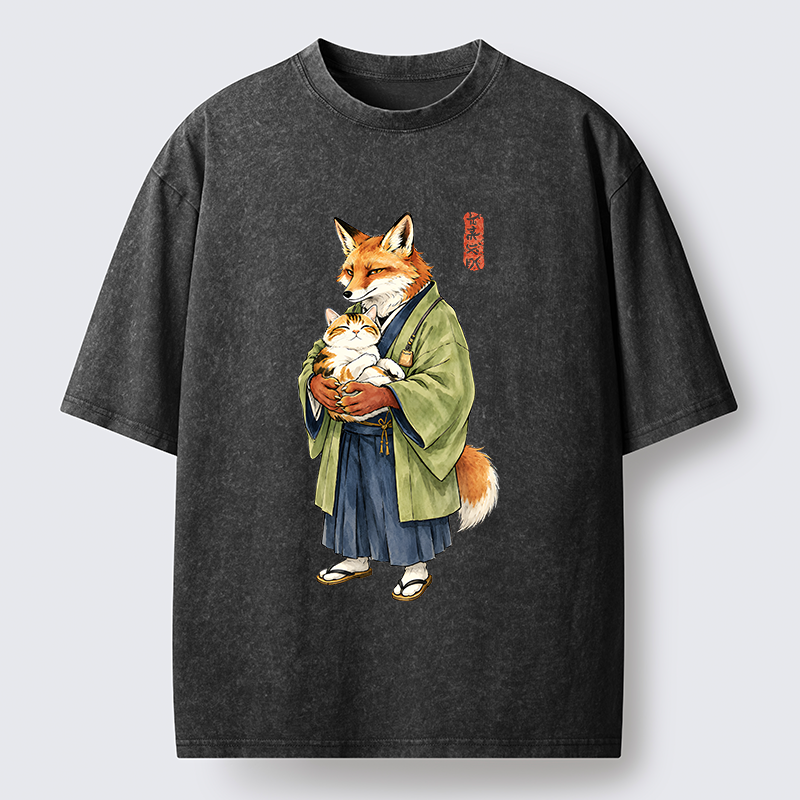Tokyo‑Tiger Kimono Fox Holding Cat Washed T‑Shirt