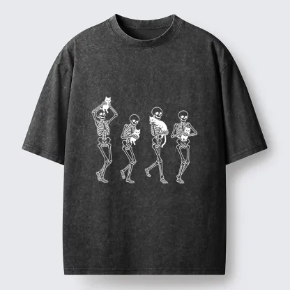 Tokyo‑Tiger Funny Skeleton Cat Meme Washed T‑Shirt