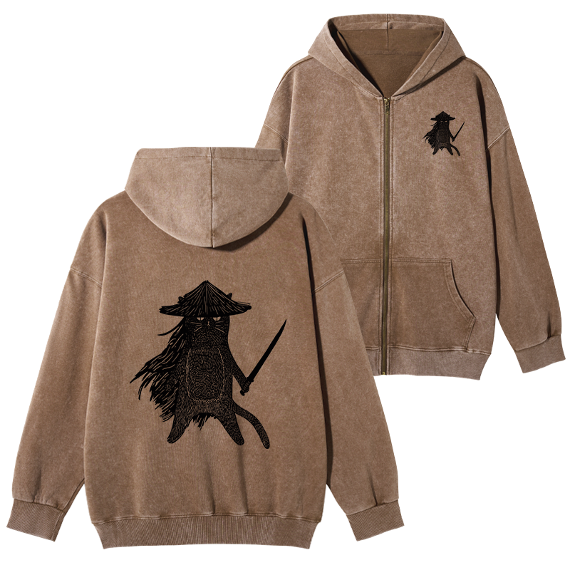 Tokyo-Tiger Japanese Samurai Cat Washed Zip Hoodie