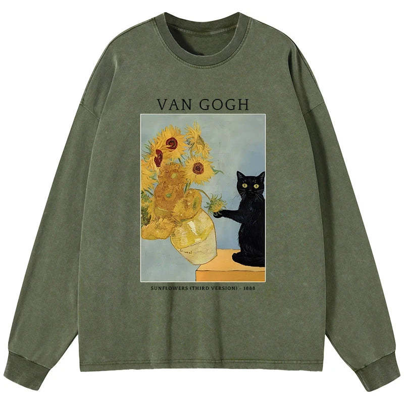 Tokyo-Tiger Black Cat With Sunflowers Washed Long Sleeve T-Shirt