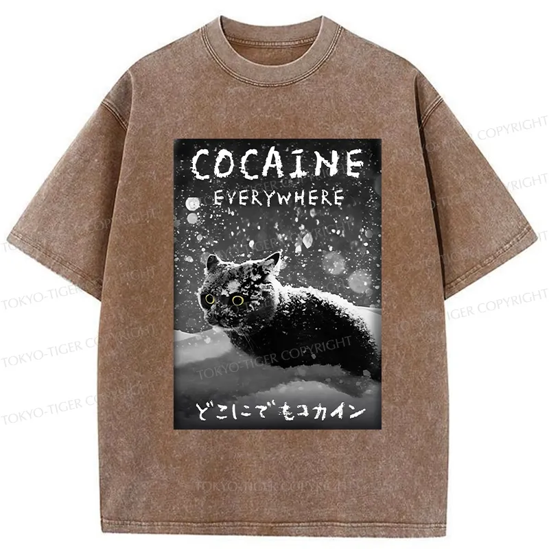 Tokyo-Tiger Funny Coaine Everywhere Washed T-Shirt