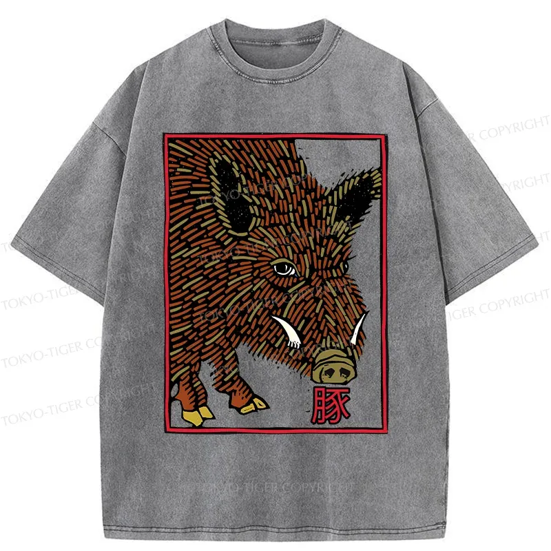 Tokyo-Tiger Woodcut Pig Washed T-Shirt