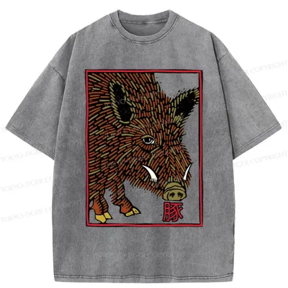 Tokyo-Tiger Woodcut Pig Washed T-Shirt
