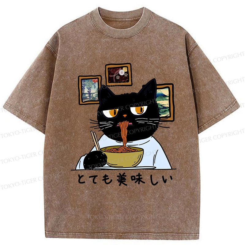 Tokyo-Tiger Cat Eating Delicious Ramen Washed T-Shirt