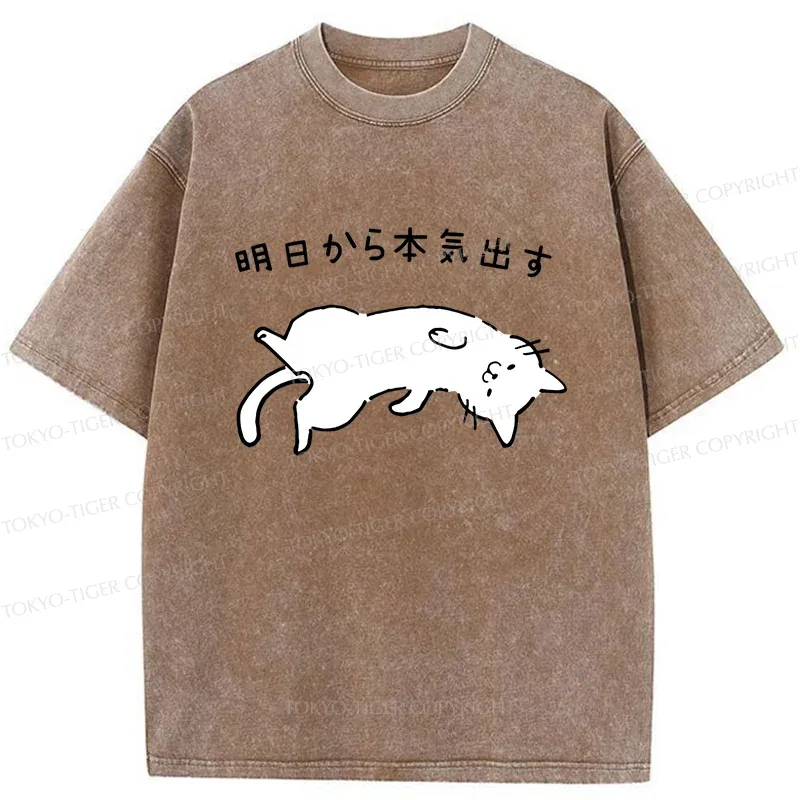 Tokyo-Tiger Lazy Cat Funny Washed T-Shirt