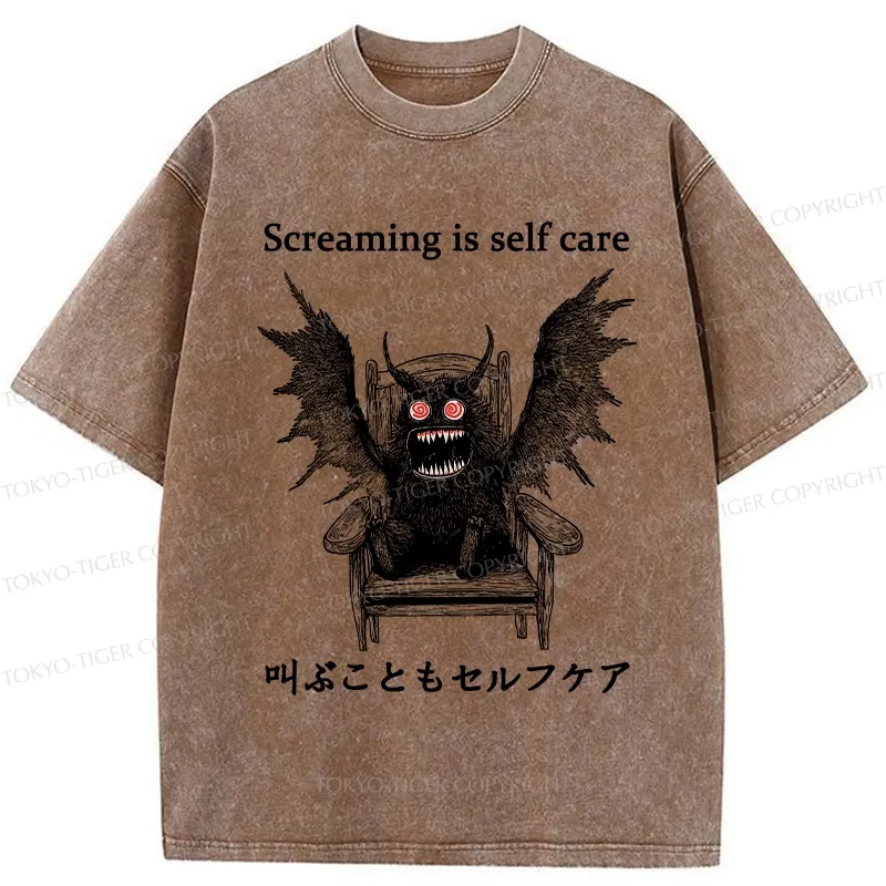 Tokyo-Tiger Screaming Is Self Care Washed T-Shirt