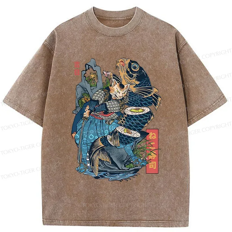 Tokyo-Tiger Funny Cat Kills Fish Washed T-Shirt