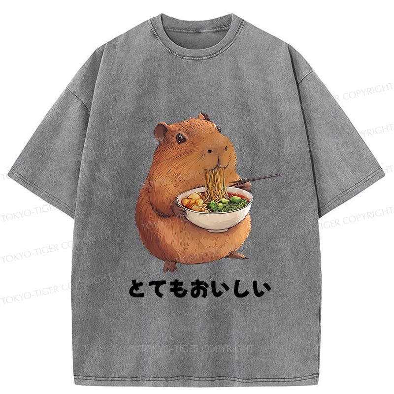 Tokyo-Tiger Capybara Eating Japanese Ramen Washed T-Shirt
