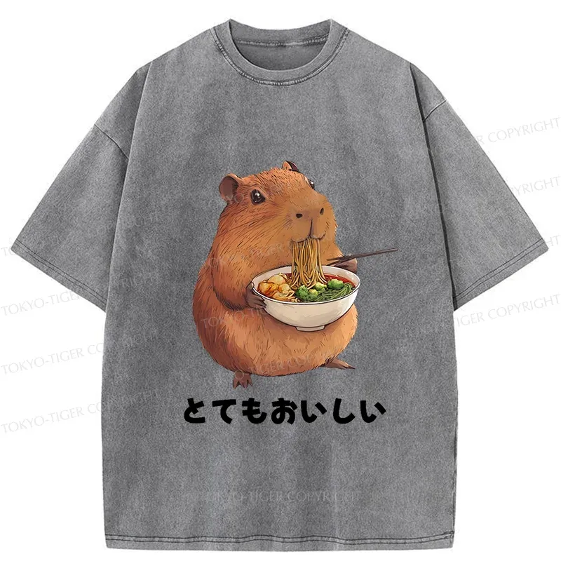 Tokyo-Tiger Capybara Eating Japanese Ramen Washed T-Shirt