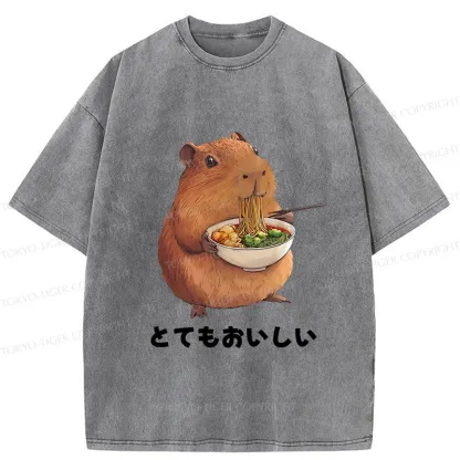 Tokyo-Tiger Capybara Eating Japanese Ramen Washed T-Shirt