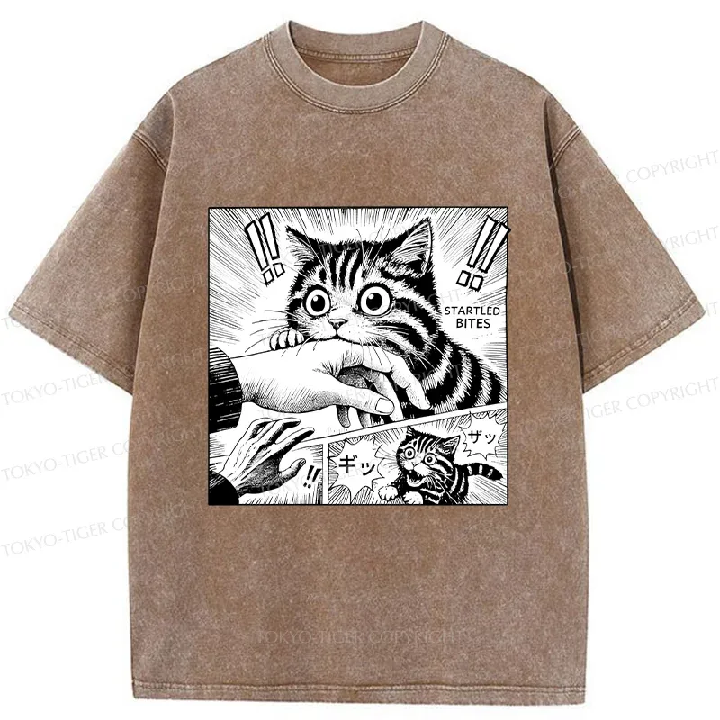 Tokyo-Tiger Cat Biting Funny Washed T-Shirt